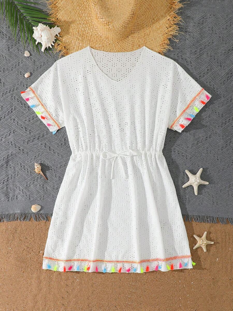 SHEIN 青少年女孩泳裝罩衫,一件式時尚休閒優雅蕾絲泳裝罩衫,適合游泳、夏季海灘、度假、泳池派對 - 白色 - 查看 1