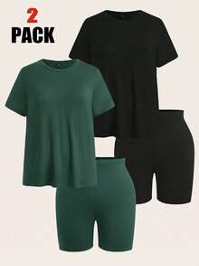SHEIN EZwear 4pcs Plus Size Solid Color Set - 2 Short Sleeve Tops + 2 Knee Length Shorts - Dark Green - View 1