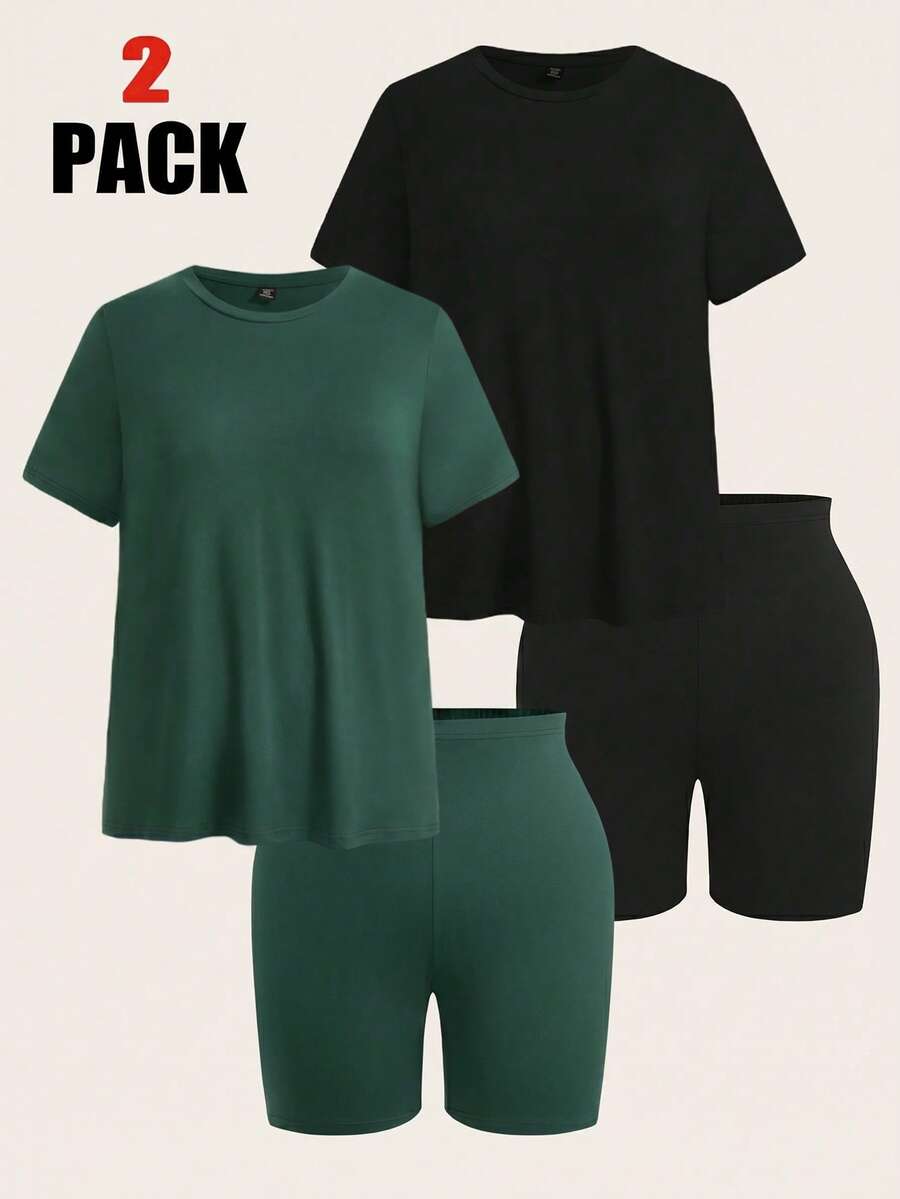 SHEIN EZwear 4pcs Plus Size Solid Color Set - 2 Short Sleeve Tops + 2 Knee Length Shorts - Dark Green - View 1