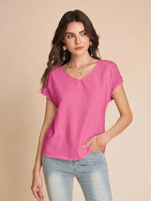 Amorya White Lace Crochet Textured Button Back V-Neck Blouse - Hot Pink - View 5