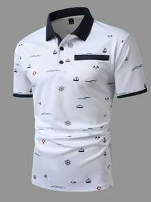 Manfinity Homme 男士夏季休閒印花拼接撞色鈕扣 Polo 衫 - 白色 - 查看 4