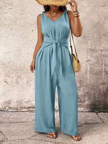 Breezaya Plus Size Casual Vacation Solid Color V-Neck Knot Shoulder Strap Sleeveless Tie Waist Wide Leg Jumpsuit - Teal Blue - View 5