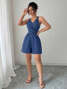 SHEIN LUNE CURVE Women's Spring/Summer Exquisite Elegant Blue V-Neck Small Circle Decor Buckle Design Bow Tie Design Sleeveless Fitted Slim Jumpsuit - Blue - View 7