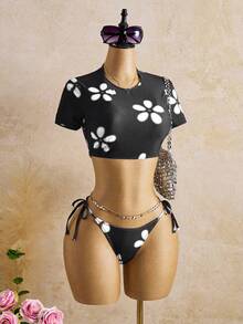 Bellisia Women's 3-Piece Set Minimalist Floral Random Print Summer Sexy Tank Top Camisole Bikini - Black and White - View 3
