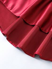 SHEIN Glamorique Kids 女童酒紅色細肩帶公主洋裝，高低裙擺附拖尾，3D玫瑰刺繡，高級緞面，適合生日派對、婚禮花童、家庭聚會、儀式場合、休閒出遊、拍照、度假、畢業舞會 - 酒紅色 - 查看 10