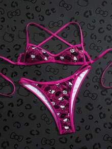 Swim Mod HELLO KITTY AND FRIENDS | SHEIN Bộ bikini 2 mảnh cúp ngực cho nữ, đi biển nghỉ dưỡng tiệc tùng, thiết kế hợp tác, họa tiết bánh donut, màu hồng, dễ thương, ngọt ngào, phong cách hot girl - Nhiều màu - Xem 3