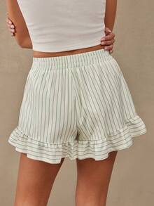WESTFADE Mid Rise Smocked Waist A Line Green And White Striped Ruffle Shorts Summer Casual Sexy Cute Beach Vacation Holiday Country - Multicolor - View 2