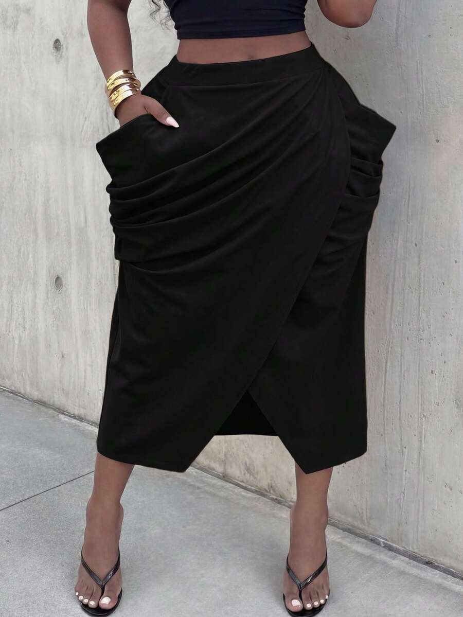 2026 Spring/Summer Elegant Commute & Casual Pleated Midi Skirt, Suitable For Birthday Party, Plus Size - Black - View 1