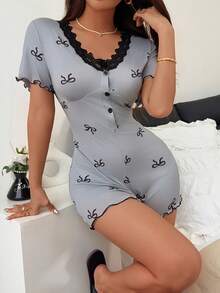SHEIN Casual Underwear&Sleepwear Bow Print Contrast Color Lace Frill Trim Ribbed Knit Jumpsuit Pajamas - Grey - View 3