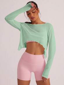 Activina Women's Solid Color Cropped Lettuce Edge Long Sleeve Casual Sports T-Shirt - Green - View 6