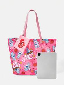 SHEIN X Care Bears 1件時尚輕便可摺疊印花圖案托特包，購物袋，便攜式單肩包，卡片收納袋，適用於旅行和購物等 - 玫粉色 - 查看 5