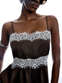 LYSMO Women's Contrast Lace Ruffle Hem Fashion Camisole Tank Top - Coffee Brown - View 4
