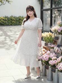 Bijouette 大尺碼女款圓點V領短袖優雅洋裝 - 白色 - 查看 8