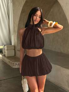 Opulessa Women's Solid Color Woven Off-Shoulder Cropped Top & Shorts 2-Piece Set, Spring/Summer - Coffee Brown - View 6