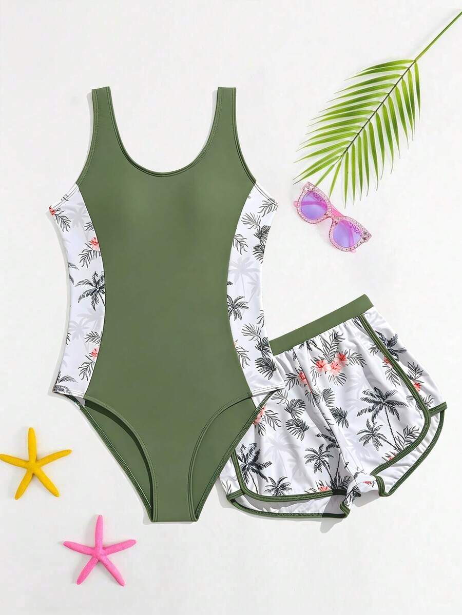 SHEIN 青少年女孩一件式泳衣,適用於青少年女孩,度假、休閒、運動風,軍綠色泳衣,熱帶椰子樹印花,針織面料,雙肩一件式泳衣,兩件式泳衣,一件式泳衣 + 四角泳褲,時尚、休閒、精緻、華麗、淑女風,適合游泳、夏季度假、海灘、海邊、游泳池、夏季派對、休閒度假 - 墨綠色 - 查看 1