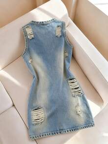 Resyla Đầm denim không tay in họa tiết, kiểu dáng thường ngày dành cho nữ, thích hợp cho mùa hè. - Nhiều màu - Xem 2