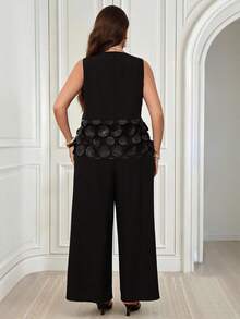 Miaspire Conjunto de suéter de cuello redondo con parches de encaje para mujer de talla grande - Negro - View 8