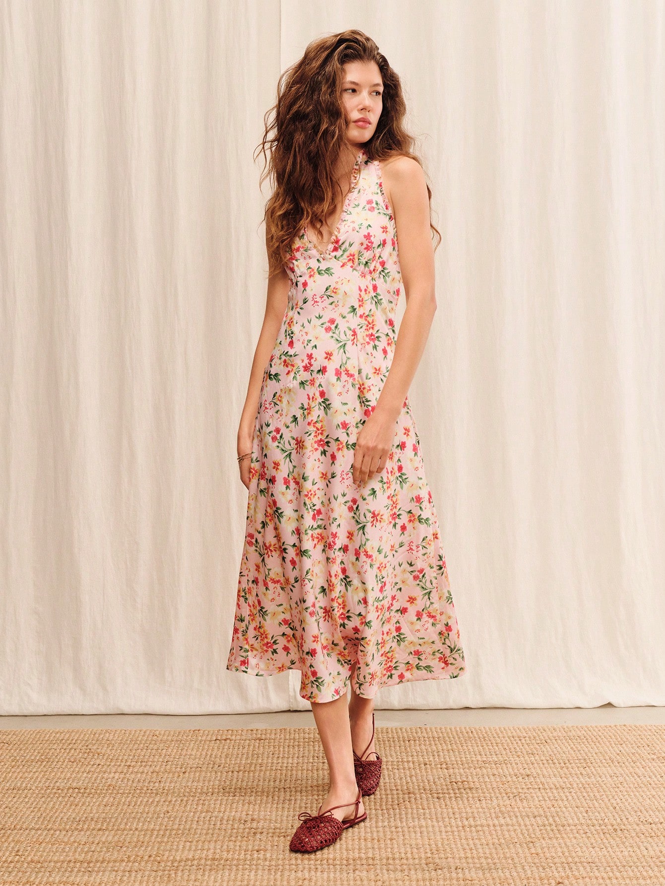 Pink Floral Halter Midi Dress Closure Summer Holiday Casual French Style Dress Elegant Evening Dress