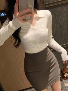 DAZY リブニットセーター、長袖トップス、秋服 - ホワイト - チェックする 11
