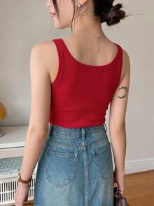DAZY リブ編み タンクトップ ソリッドカラー、ノースリーブ - レッド - チェックする 9