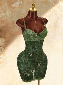 Amplova Lace Cup Detail Tropical Vacation Floral Mesh Bodycon Mini Dress - Green - View 7