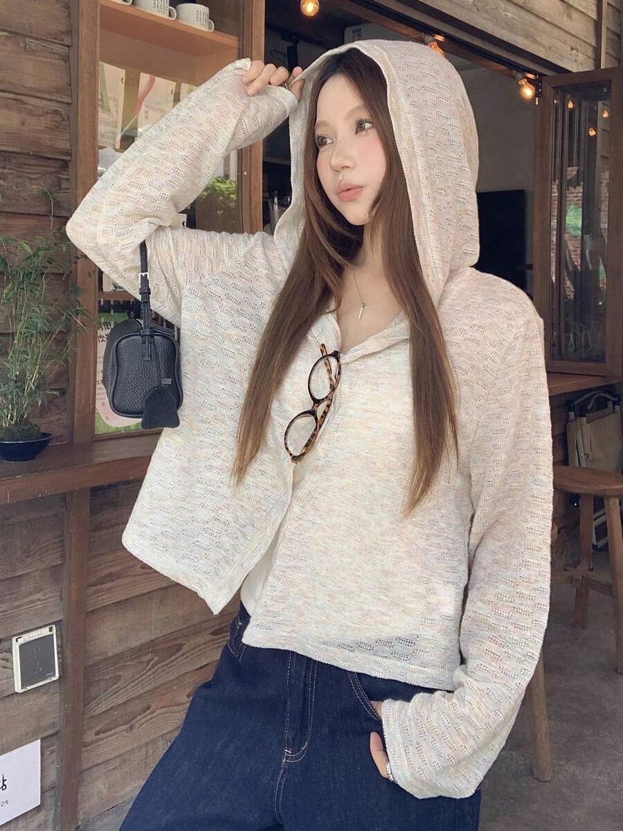 DAZY Women's Fashion Versatile Casual Single-Breasted Long Sleeve Hooded Cardigan Vacation White Autumn - Apricot - View 1