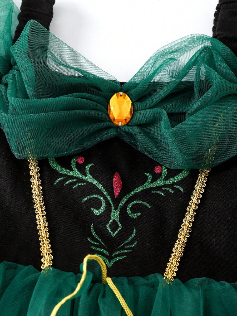 SHEIN Glamorique Kids 女童公主洋裝,深綠色薄紗洋裝,黑色針織,亮片印花,生日派對,婚禮節日洋裝,舞會洋裝,畢業洋裝,夏季洋裝 - 綠色 - 查看 1