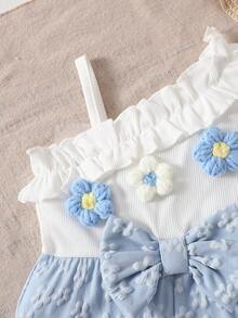 SHEIN Baby Girl Fashion Elegant Asymmetric Shoulder 3D Floral Bow Romper Summer - Blue - View 6