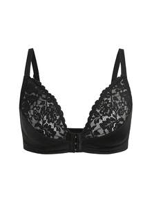DesireSculpt 1pc Plus Size Women's Front Closure Lace Patchwork Bra - Black - View 4