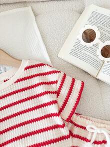 LMoss Kids 2pcs Baby Girl Knitted Striped Round Neck T-Shirt And Shorts Set - Red and White - View 5