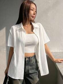 DAZY 女款夏季休閒簡約素色紋理前扣短袖襯衫 - 白色 - 查看 7