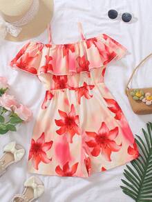 Mono con volantes y hombros descubiertos con estampado floral para vacaciones de niña preadolescente - Multicolor - Ver 2
