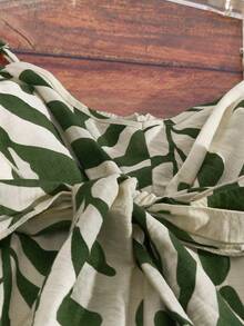 EMERY ROSE Plus Size Green Leaf Print Jumpsuit,Beige Summer Boho Beach Holiday,Spaghetti Strap High Waist Wide Leg Pants,Ivory Base,Lightweight & Flowing - White - View 6