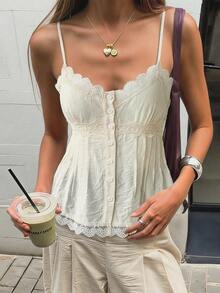SHEIN PETITE Damen einfarbige Spaghettiträger Spitzenbesatz plissierte Sommerbluse, Petite Damen - Aprikosenfarben - Übersicht 9