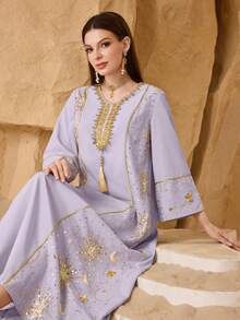Layrah Women's New Loose Fit Elegant Luxurious Metallic Gold Sequin Patchwork Embroidery Double Layer Design Tassel Ribbon Decor Collar Flower Turkish Long Shirt & Arabic Traditional Long Shirt - Purple - View 1