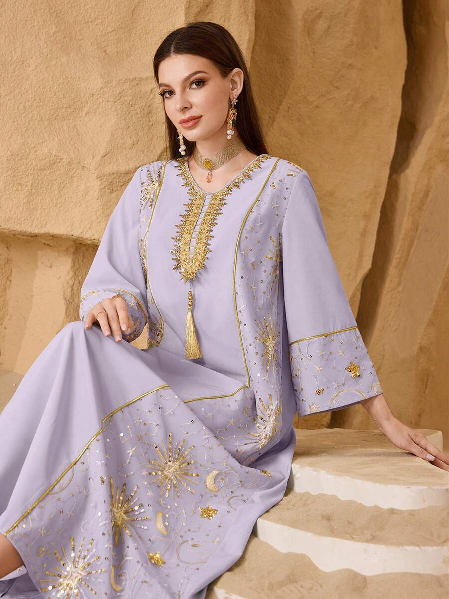 Layrah Women's New Loose Fit Elegant Luxurious Metallic Gold Sequin Patchwork Embroidery Double Layer Design Tassel Ribbon Decor Collar Flower Turkish Long Shirt & Arabic Traditional Long Shirt - Purple - View 1