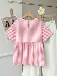 SHEIN EZwear 休閒簡約棉感粉色野餐格紋編織女款襯衫，適合夏季、夏季上衣，適用於日常通勤、約會、聚會、秋冬/夏季、聖誕節、新年、感恩節、派對、婚禮、海灘、畢業典禮、時尚、優雅、休閒、外出、約會、預約、通勤、亮面、情人節 - 粉色 - 查看 2