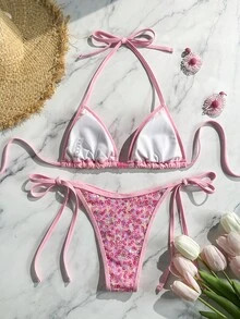Bonvoyette 2件組，採用亮片紋理面料，珠飾掛脖三角比基尼上衣與側綁式泳褲，性感女款泳裝套裝，適合春夏季度假 - 彩色 - 查看 10