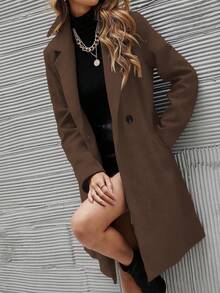 EMERY ROSE Women's Casual Solid Color Double-Breasted Overcoat, Autumn/Winter - Coffee Brown - View 3