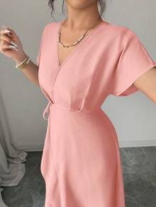 Modelyn Women's Solid Color Casual Elegant Vacation Lace-Up Waist Spring/Summer Mid-Length Dress Dusty Pink - Pink - View 5