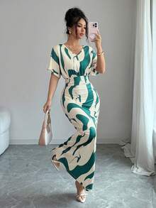 Elenzga Đầm nữ thời trang in họa tiết cổ chữ V tay ngắn nhún eo ôm sát body lãng mạn thanh lịch phong cách thường ngày công sở hẹn hò tiệc tối mùa xuân hè - Nhiều màu - Xem 5