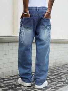 Manfinity Roghcode Men's Casual Washed Print Denim Jeans - Blue - View 6
