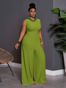 Slaydiva Early Spring Lightweight Vacation Sleeveless Solid Color Plus Size Women's Jumpsuit - Olive Green - View 6