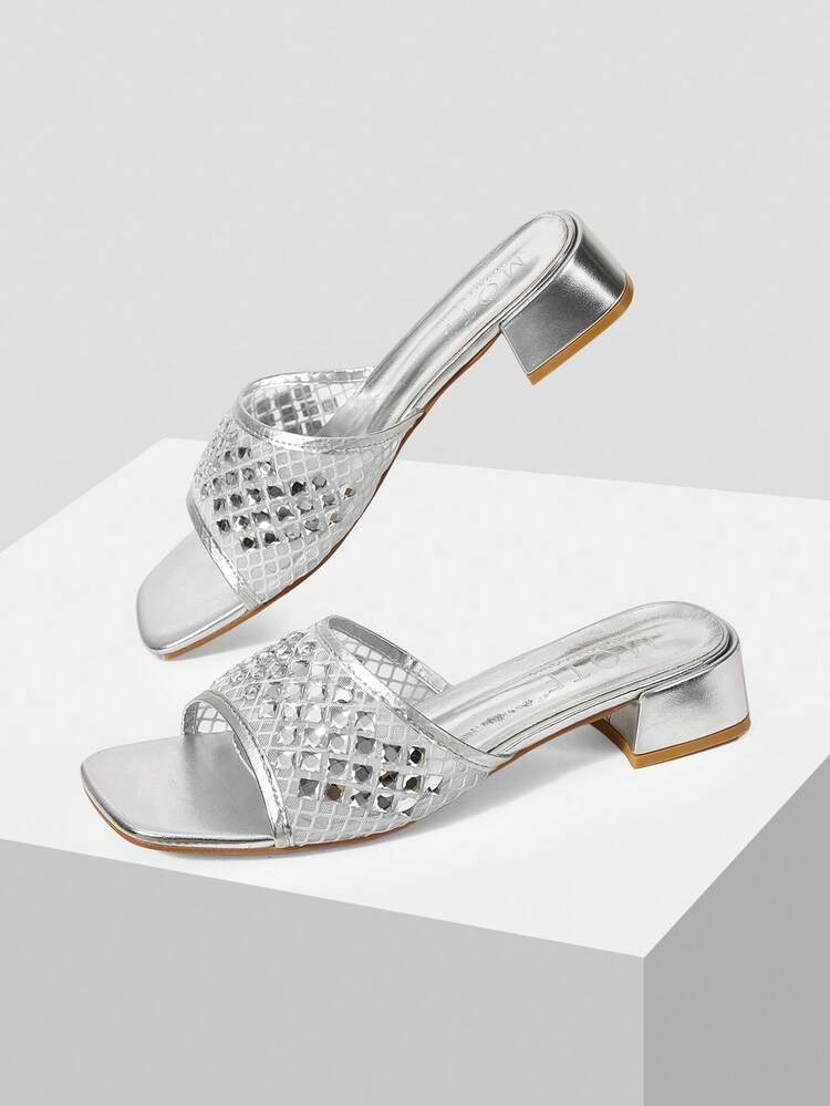 WOMEN SHOES NEW FRENCH RETRO FASHION SQUARE HEAD MESH HOT DRILL HOLLOW THICK HEEL SANDALS, SILVER ELEGANT AND COMFORTABLE VERSATILE