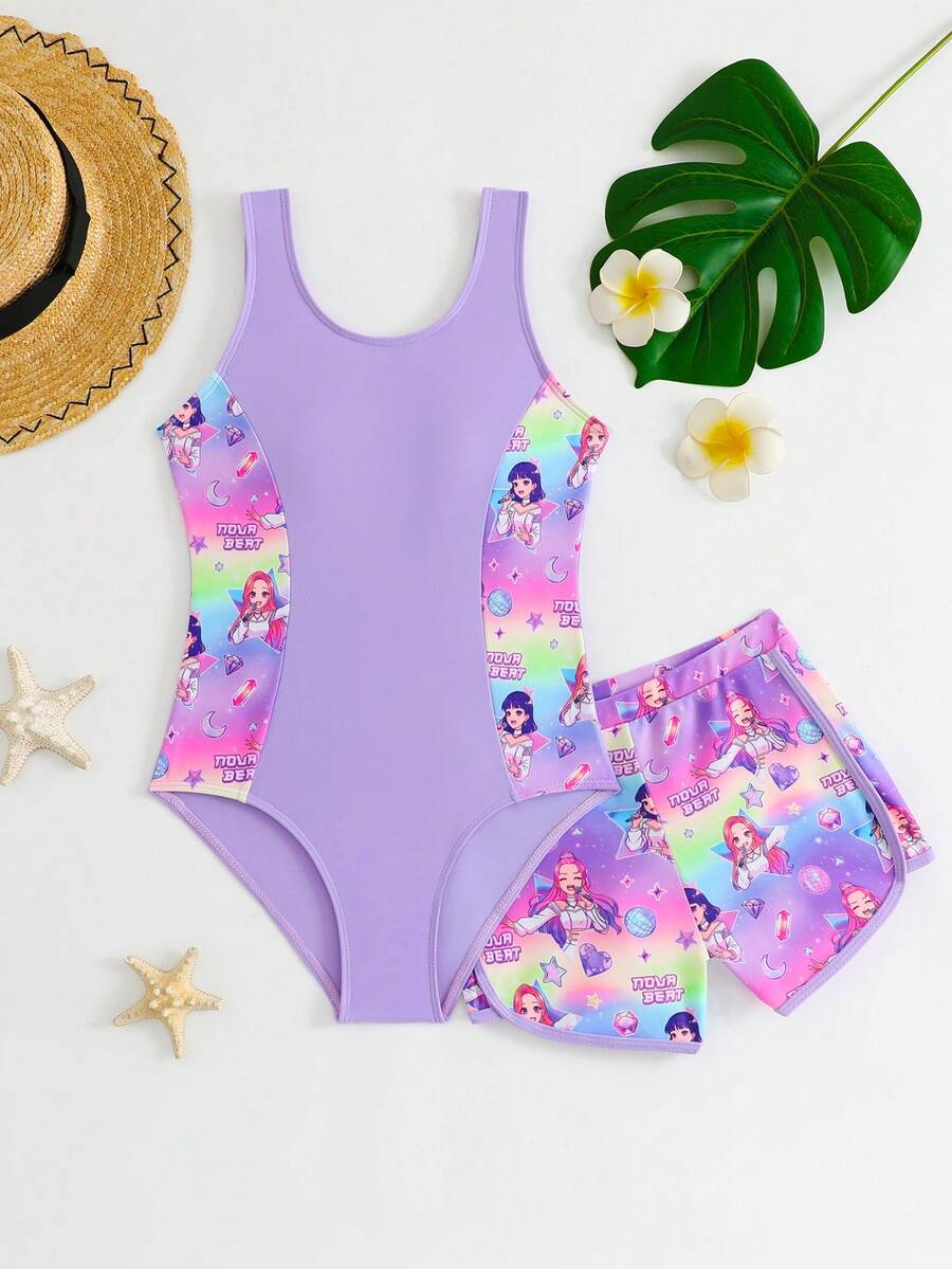 SHEIN Baju Renang Terusan dan Celana Pendek Motif Kartun Huruf untuk Anak Perempuan Remaja, Cocok untuk Liburan Pantai, Pesta Kolam Renang, dan Acara Pantai. - Purple - View 1