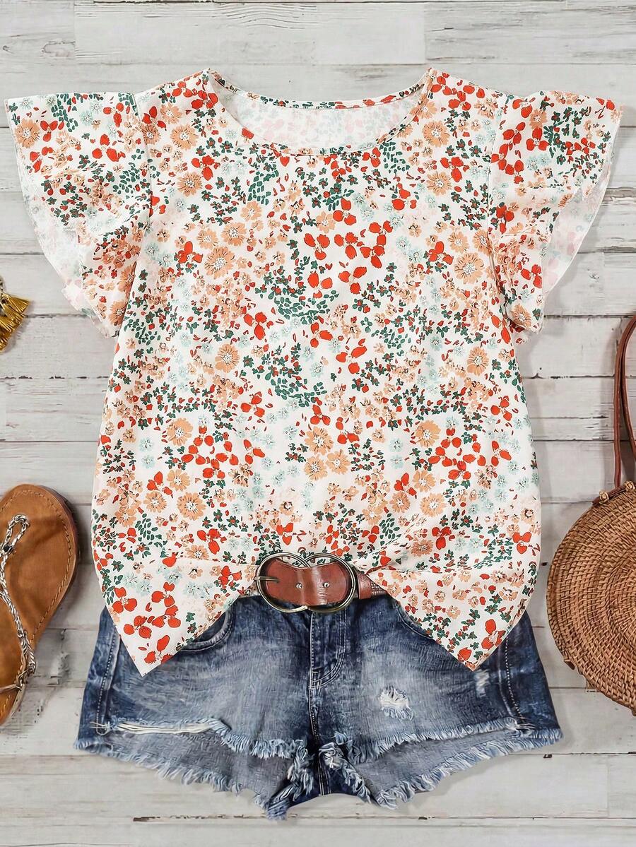 EMERY ROSE Women's Ditsy Floral Regular Fit Vacation Casual Commute Shirt With Ruffle Sleeves - Multicolor - View 1