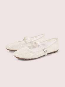 CUCCOO DOLLMOD Women's Shoes, Cute Round Toe Beige, Flower Sequin Embroidered Mesh Upper, Metal Buckle Strap Flats, Mary Jane - Osmanthus - Apricot - View 2