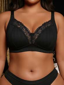 Divavoom 1pc Plus Size Lace Patchwork Wireless Bra - Black - View 5