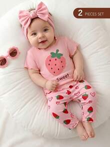 SHEIN Two Pieces Set Of Newborn Baby Girl Strawberries Print T-Shirts And Shorts, Perfect For Summer. - Baby Pink - View 4