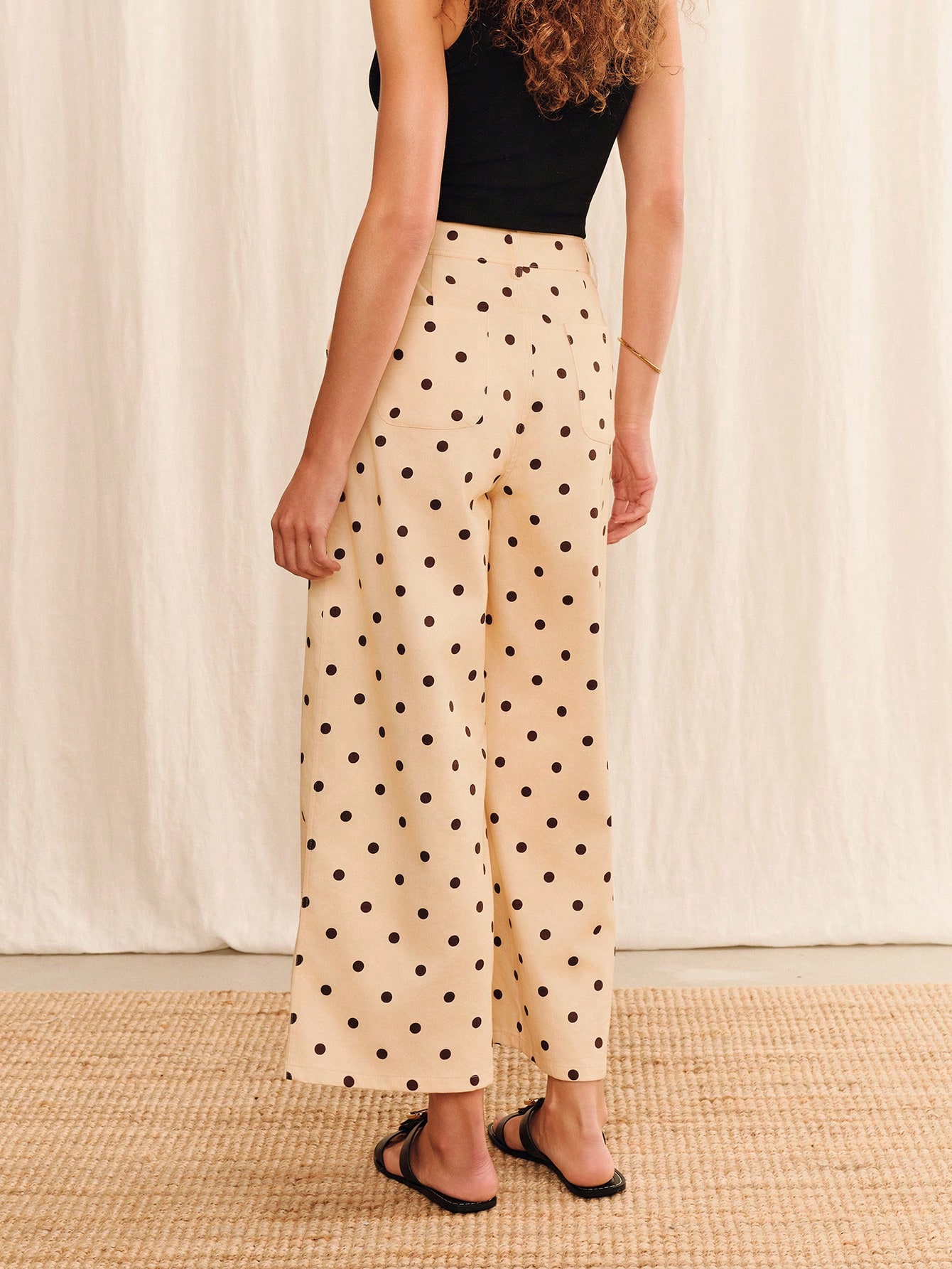 Cream Polka Dot Ankle Lenghth Wide-Leg Pants Summer Cute Pants Holiday Work French Style